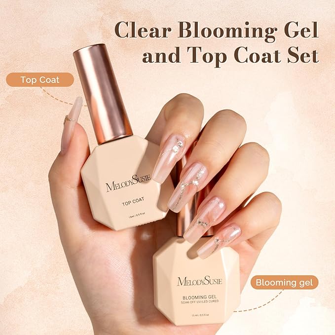 MelodySusie 2PCS Clear Blooming Gel and Top Coat Set for Nail Design, Marble Watercolor UV Gel Nail Polish, Spreading Effect Sheer Painting Gel Nail Art Supplies, Nail Salon Manicure at Home for Women