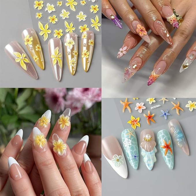 5D Embossed Flower Nail Art Stickers Decals 2 Sheets Summer Flowers Nail Stickers Ocean Starfish Nail Decals Yellow Lily Hibiscus Tropical Floral Nail Art Design Supplies for Women DIY Manicure Decor