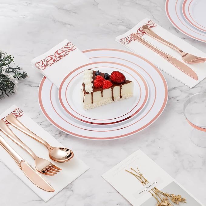 BESTVIP 175 PCS Rose Gold Disposable Plastic Dinnerware Set - Image 3