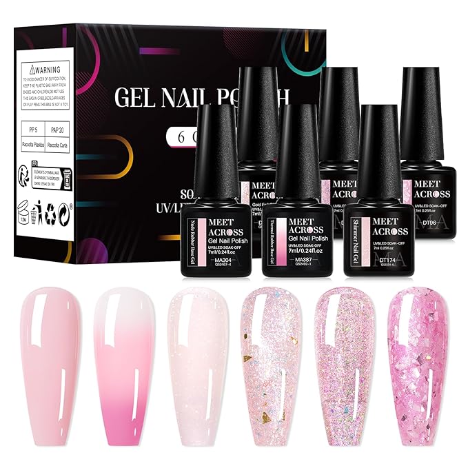 MEET ACROSS Gel Nail Polish Set 6 Pcs Glitter Colors Gel Nail Kit Art Design Soak Off UV LED (SET-8, 6pcs)