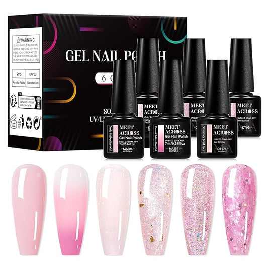 MEET ACROSS Gel Nail Polish Set 6 Pcs Glitter Colors Gel Nail Kit Art Design Soak Off UV LED (SET-8, 6pcs)