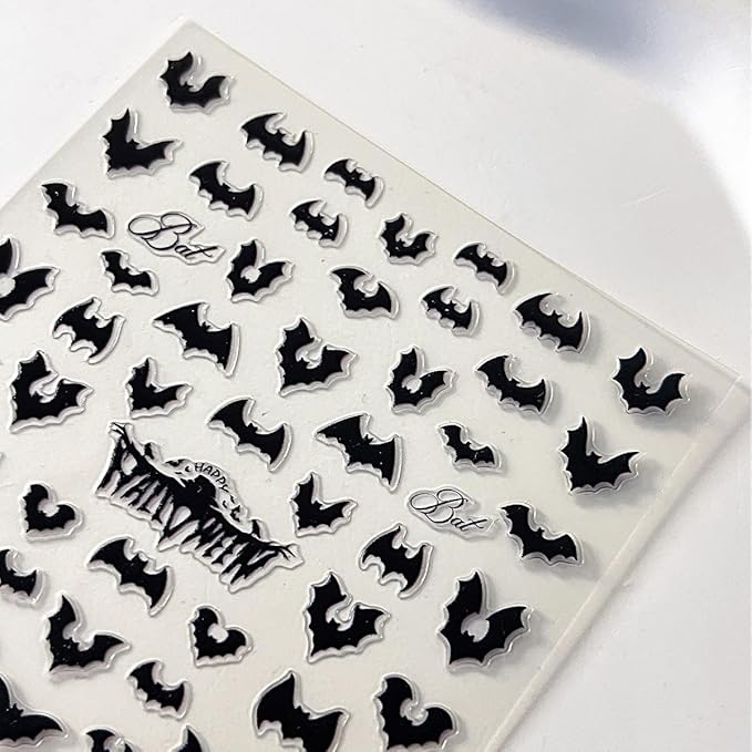 Halloween Bat Nail Stickers for Nail Art Bat Nail Art Design Decals 3D Self-Adhesive Black Bats Nails Art Stickers Halloween Manicure Decoration Sticker for Women DIY Acrylic Nails
