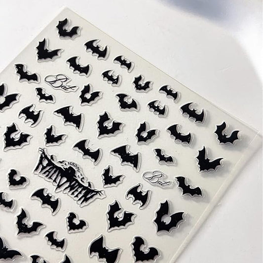 Halloween Bat Nail Stickers for Nail Art Bat Nail Art Design Decals 3D Self-Adhesive Black Bats Nails Art Stickers Halloween Manicure Decoration Sticker for Women DIY Acrylic Nails
