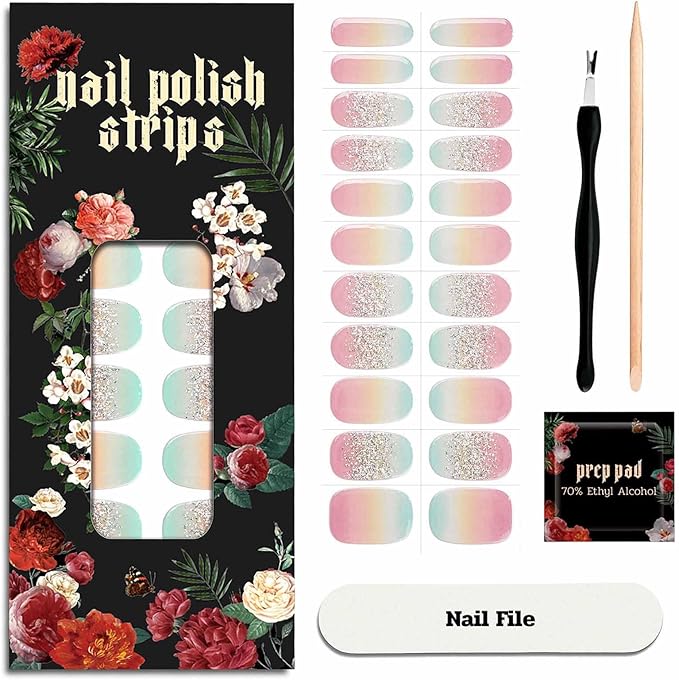 Nail Polish Strips - 22 Pcs Salon Quality Gel Nail Stickers - Long Lasting Wraps (Rainbow Basket Blue&Yellow)