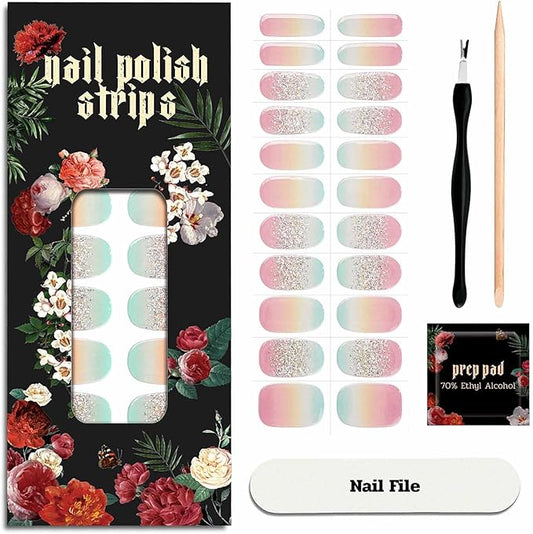 Nail Polish Strips - 22 Pcs Salon Quality Gel Nail Stickers - Long Lasting Wraps (Rainbow Basket Blue&Yellow)