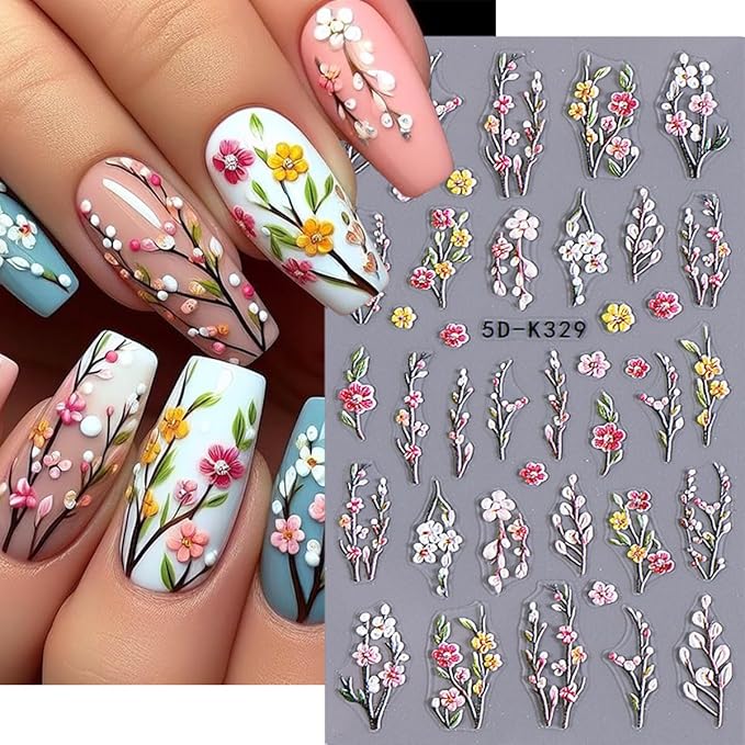 Purple Flower Nail Stickers - 5D Embossed Branch Flowers & Leaves DIY Nail Art Decals - Autumn Colorful Floral Designs for Women & Girls