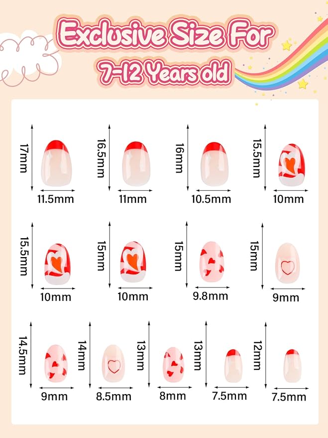 26 Pcs Press on Nails for Girls, EBANKU Fake Nails for Kids 5-12 Years Red Heart False Nails with Nail Glue, Short Full Cover Press on French Nails Tip for Child