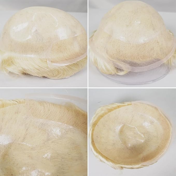 Human Hair Toupee for Men 10x8 Inch,European Human Hair Lace Front Natural Hairline Hair Pieces with 0.06mm Thin Skin PU V-looped Men's Hair Replacement System (#613 Blonde color,100% human hair)
