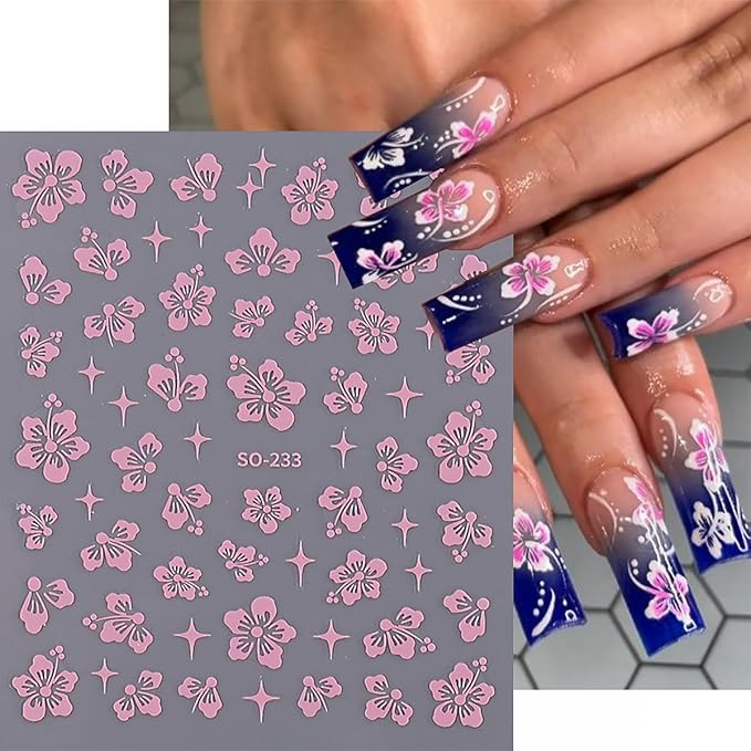8Sheets Hibiscus Flower Nail Stickers - 3D Self-Adhesive Nail Decals in Gold, Silver, Blue, Pink & Holographic for Women's Manicure