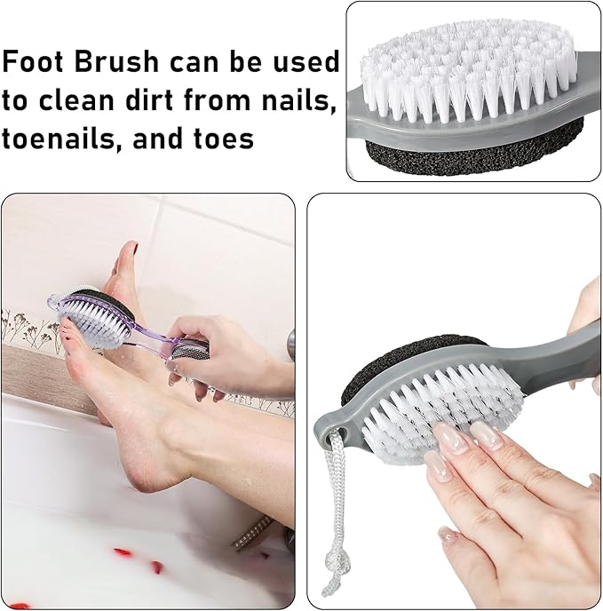 Pumice Stone Brush for Feet 4 in 1, Foot File Callus Remover, Foot Rasp and Sand Paper Pedicure Tools with Handle, Shower Foot Scrubber, Soft Smooth Feet for Home Foot Care,2 Pack