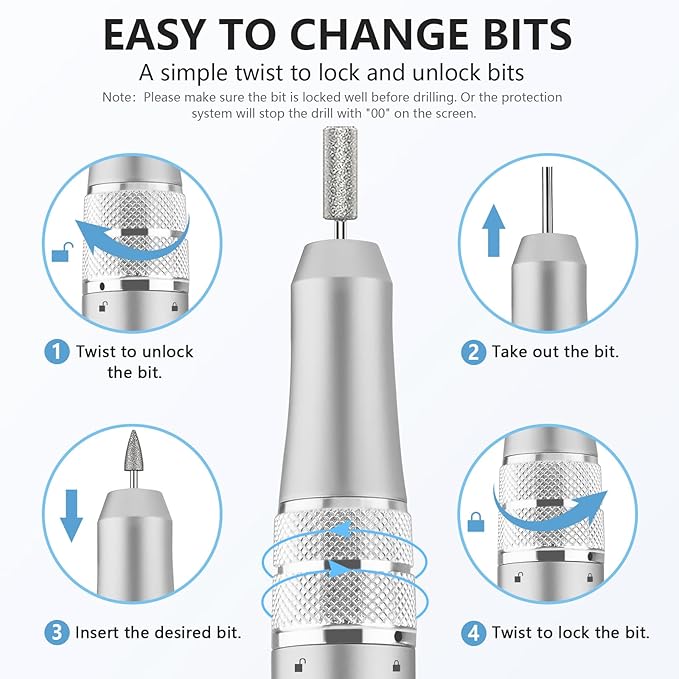 Kredioo Electric Nail Drill Professional for Salon Use 35000RPM Efile File Kit for Gel Nails Polish Remover with 11 Bits and Sanding Bands Build-in Bit Holder -Silver