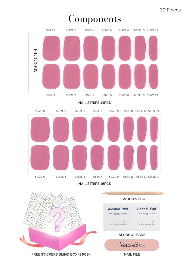 MelodySusie 30PCS Semi Cured Gel Nail Strips, Rose Pink, Salon Quality, Long Lasting, Easy to Apply, Includes 2 Prep Pads, Nail File and Wooden Stick