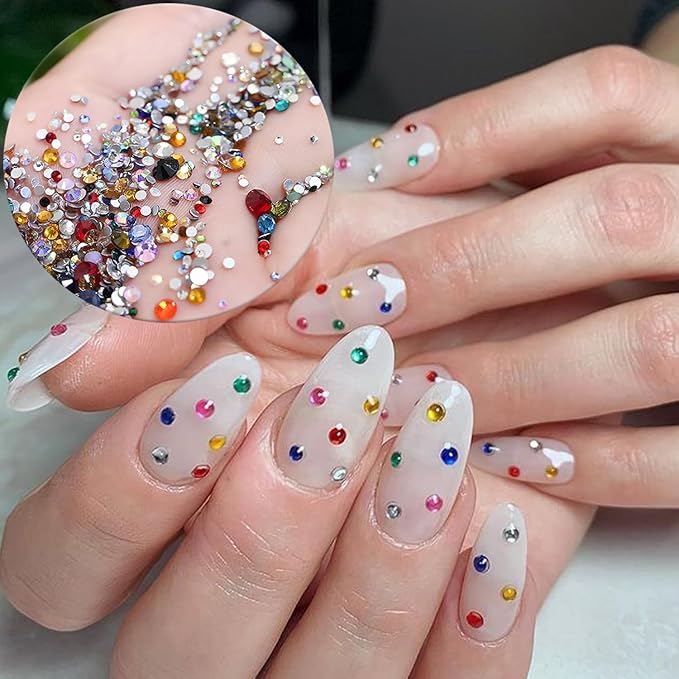 Colorful Rhinestones Nail Art Charm 3D Mini Small Diamond Flat Back Nail Charm Rhinestones Rounded Nail Diamonds Crystal Flatback Nail Gems Bling Nail Jewelry Manicure Decoration Accessories 1440Pcs