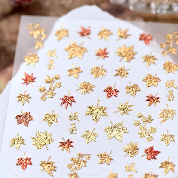 1 Sheets Thanksgiving Nail Stickers for Nails Art Autumn Maple Leaf Nail Decals 5D Self-Adhesive Red Gold Embossed Maple Leaves Nail Decoration Shiny Fall Nail Art Stickers for Women Nail Designs