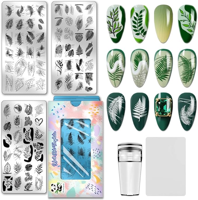PH PandaHall 3pcs Leaf Nail Stamping Plates Geometric Leaves Nail Image Plates Plants Nails Art Stencils Monstera Nails Stamp Templates Nails Image Plates for Women Manicures Salon Design