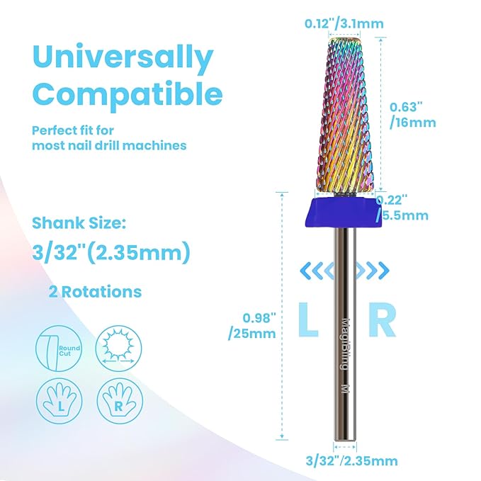 M 5 in 1 Nail Drill Bits, 16mm Tapered 3/32'' Professional Tungsten Carbide Bits for Efile, 2 Rotation for Electric Drill, Remove Thick & Soft Gel Fast, Manicure Cuticle Polishing, Techs Bits, Medium.