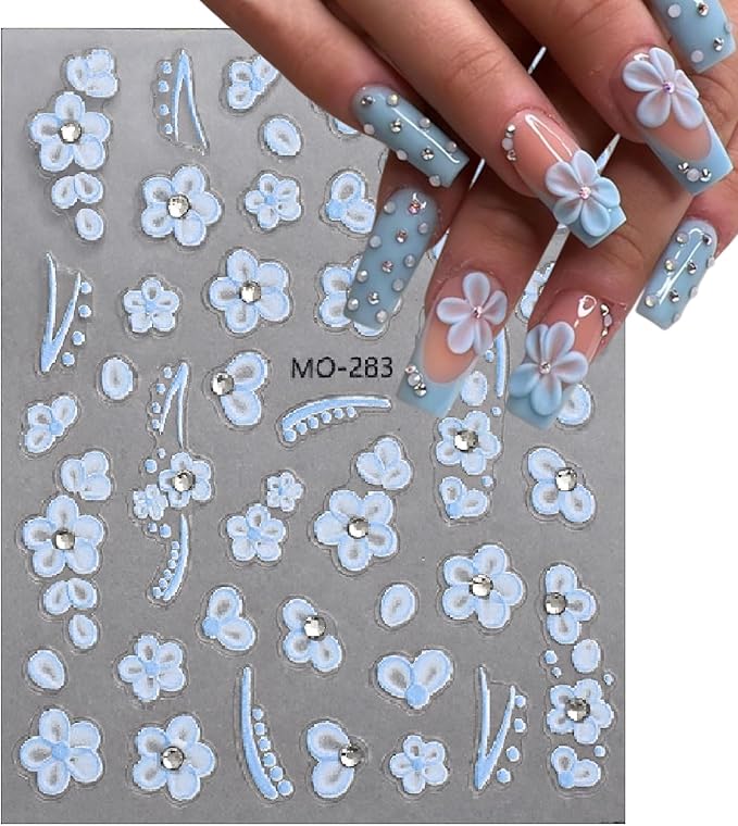 5D Embossed Crystal Diamond Flower Nail Art Stickers Small White Flowers Self-Adhesive Nail Decals Cherry Blossoms with Rhinestones Nail Design Supplies Cute Stickers for Women Girl Manicure 3PCS