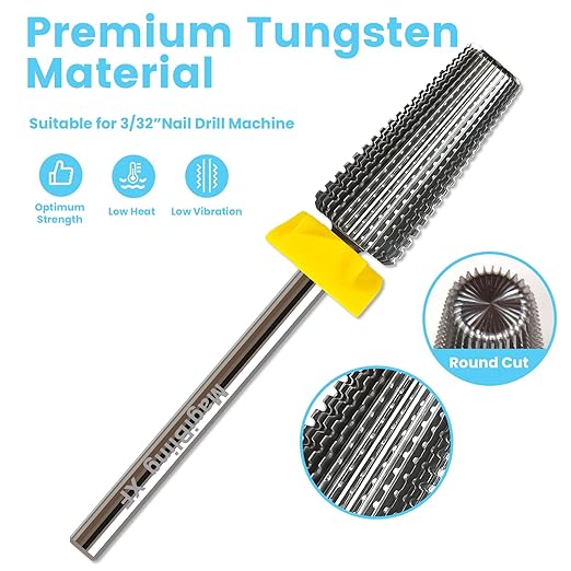 5 in 1 Nail Drill Bits, Straight Cut 3/32'' Professional Tungsten Carbide Bits, Two-way Rotation Easy for Left Hand, Hard Soft Gel Removal Fast Manicure Polishing, Extra Fine