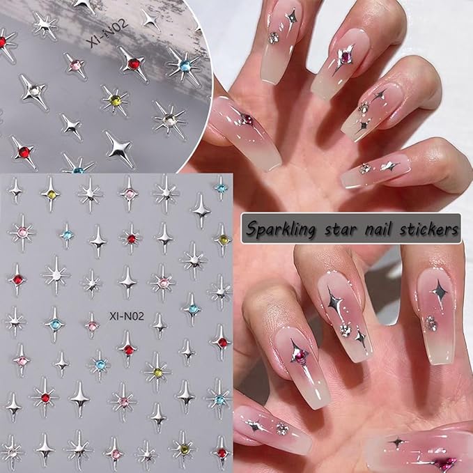 8Sheets Shiny Glossychic Stars Nail Stickers 3D Glitter Gold Black White Starshine Cross Rhinestones Silver Star Design Self-Adhesive Decals Luxury 5D Nail Art Stickers Star Charms Nail Decoration