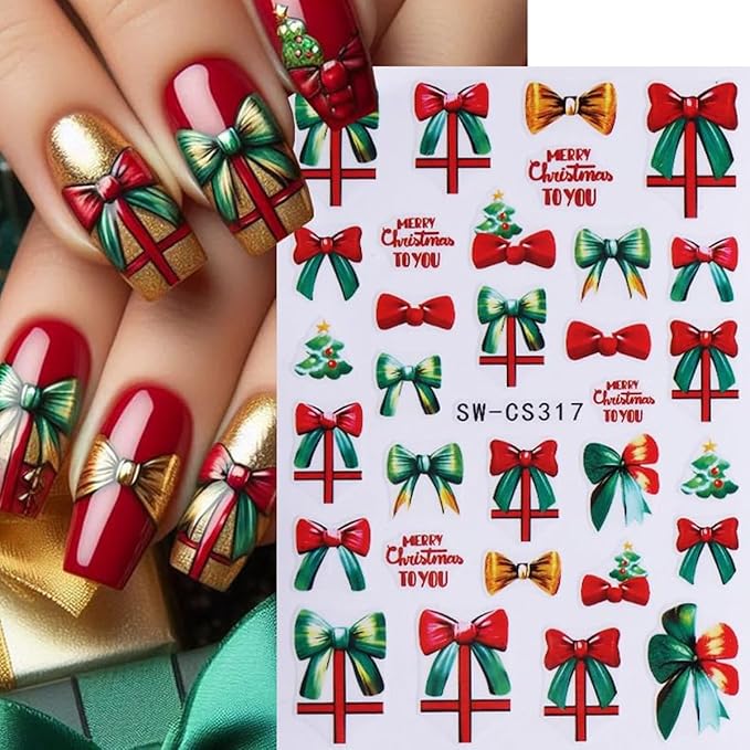 Christmas Nail Stickers Christmas Tree Nail Decals Bow Gift Crutch Nail Art Sticker Green Bow Gift Snowman Light Ball Design Heart Nail Stickers for Nail Art for Women DIY Holiday Manicure 6 Sheets