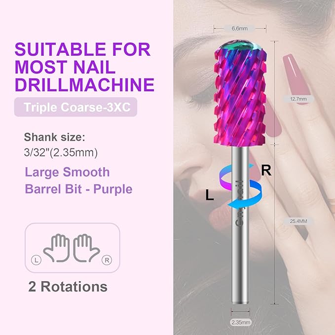 3/32" 2PCS Large Barrel Smooth Round Top Tungsten Carbide Nail Drill Bit Safety Bit for Gel & Acrylic Removal, 2-Way Rotating Efile Tip, Salon Electric File Accessory (3XC Grit, Purple)