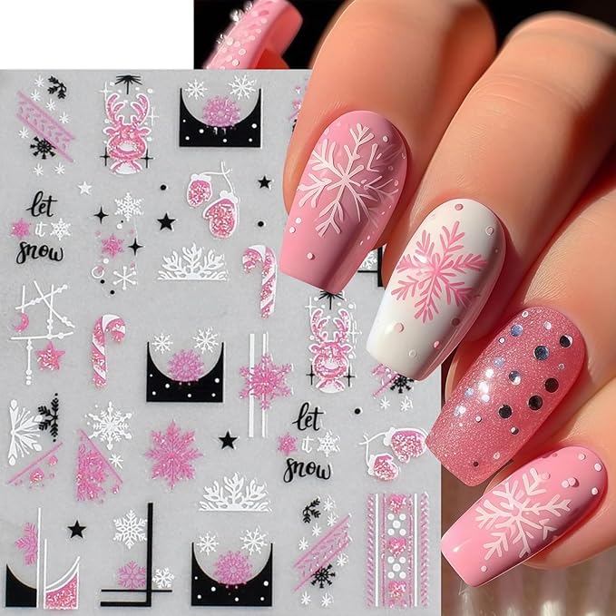 6 Sheets Christmas Nail Art Stickers Snowflake Christmas Tree Nail Decals with Pink Glitter Snowflake Xmas Tree Snowball Elk Snowmen Nail Design Black French Tips Nail Supplies Nail Decor for Women