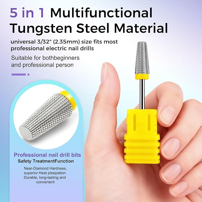 Fantexy 5 in 1 Nail Drill Bits,Professional 3/32" Shank Tungsten Steel Bits for Acrylic Nails,Manicure,Nail Art,Drill Machine,Both Left and Right Handed - Two Way Rotate Use (Extra Fine - XF)