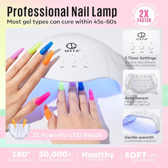 MEFA 56 Pcs Gel Nail Polish Kit with U V Light, 32 Colors Hot Pink Colorful Gel Nail Kit Glitter nail Polish Set Nail Art Decorations Manicure Tools DIY Gifts