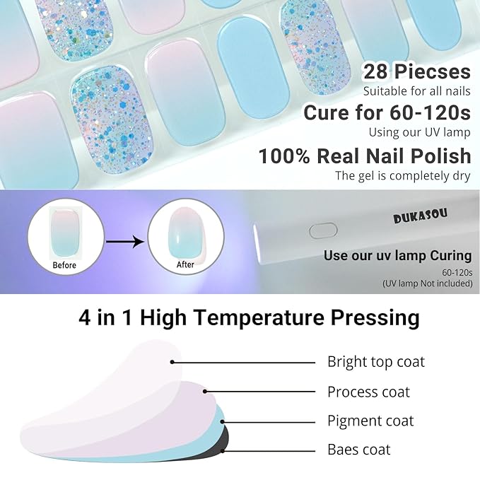 Semi Cured Gel Nail Strips, Summer Blue | 28 pcs Gel Nail Strips Work with Any UV Lamp, Salon Quality UV Nails Stickers, Easy to Apply for Home Nails DIY