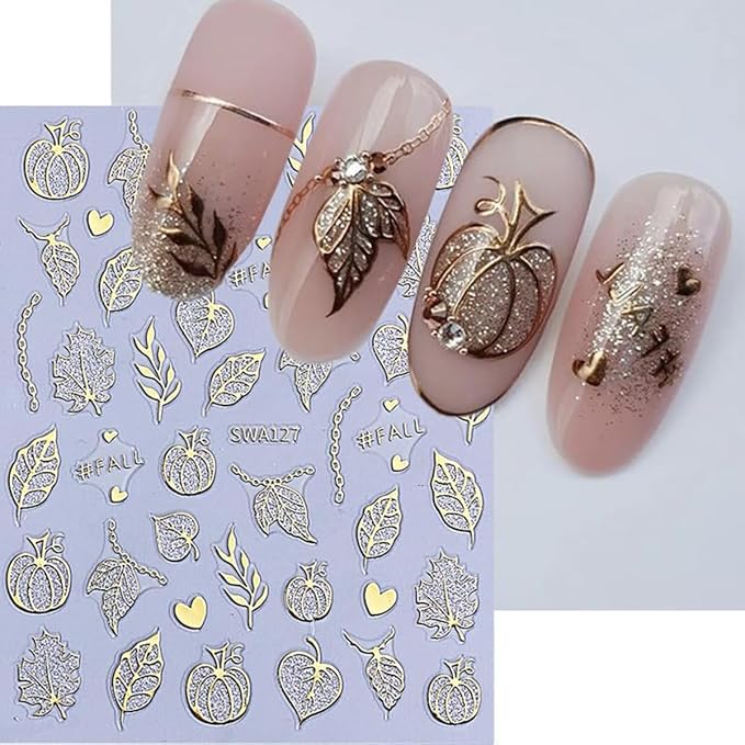 4 Sheets Halloween Nail Stickers for Nail Art 3D Self Adhesive Gold Glitter Nail Art Stickers Spider Web Pumpkin Nail Decals Fall Maple Leaf Nail Supplies for Women DIY Christmas Decorations