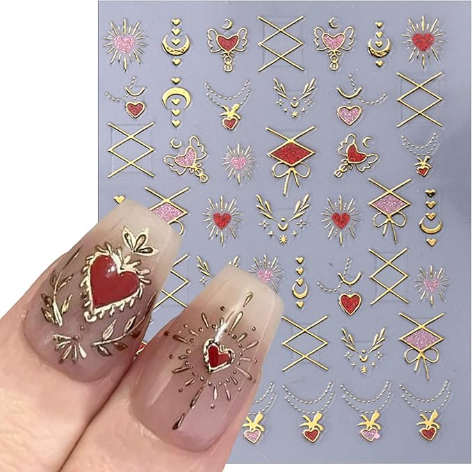 8 Sheets Gold and Silver Heart Shape Nail Art Stickers 3D Moon Sun Star Nail Stickers Self-Adhesive Retro Gold and Silver Clouds Little Stars Design Women DIY Nail Manicure Decoration