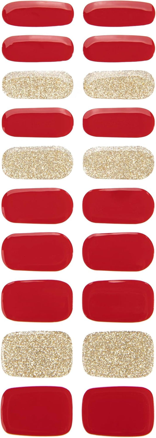 Gel Nail Strips 20 Pcs Wraps - Red Gold Glitter, Easy Apply Gel Nail Stickers Long Lasting, Salon-Quality, 2 Prep Pads, 1 File, 1 Wooden Stick, UV Light Required