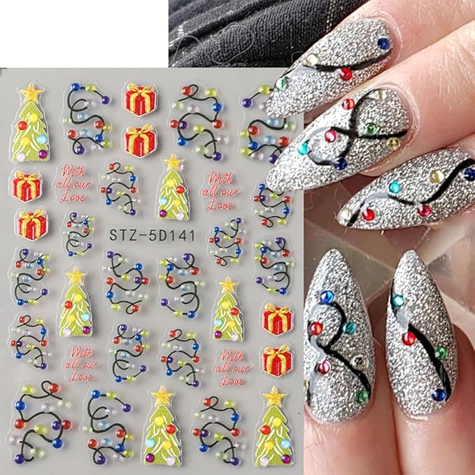 Christmas Nail Art Stickers 5D Embossed Colorful Light Nail Decals 2PCS Xmas Tree String Light Gift Box Self-Adhesive Xmas Nails Design Nail Art Supplies Stickers for Women Manicure Decorations
