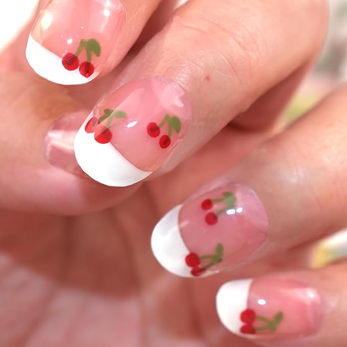 Semi Cured Gel Nail Strips Cute Cherry Gel Stickers French White Salon Quality DIY Nail Wraps Manicure Stickers for Easy Application