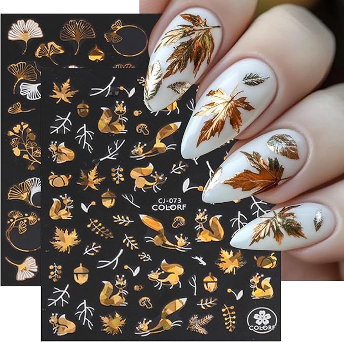 9 Sheets Bronzing Fall Nail Art Stickers 3D Glitter Metallic Maple Leaf Nail Stickers Autumn Laser White Gold Leaves Flower Nail Designs Thanksgiving Holiday Sticker for Women Manicure Tips