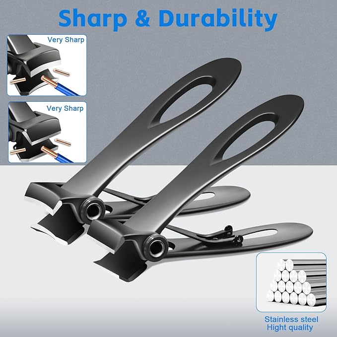 Toenail Clippers for Thick Toenails, Long Handle Wide Jaw Opening Nail Clippers for Adult, Men, Seniors, Extra Large Heavy Duty Toenail Clippers for Fingernail & (4pcs_Curved_Straight_Black)