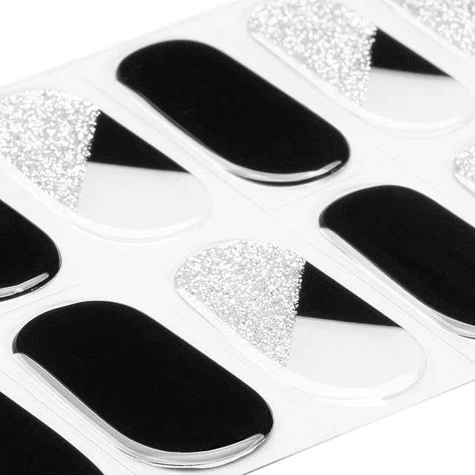 MOMSON Semi Cured Gel Nail Strips - 20 Real Gel Nail Polish Stickers/Full Nail Wraps for DIY at Home, Salon-Quality, Easy to Apply & Remove (Silver Glitter, White & Black)
