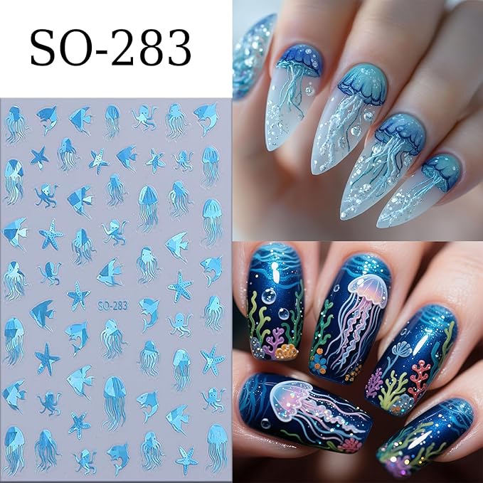 6 Sheets Ocean Animals Nail Art Stickers 3D Self -Adhesive Starfish Jellyfish Nail Decals Holographic Cute Koi Fish Octopus Nail Stickers Summer Nail Decoration for Women Manicure Supplies