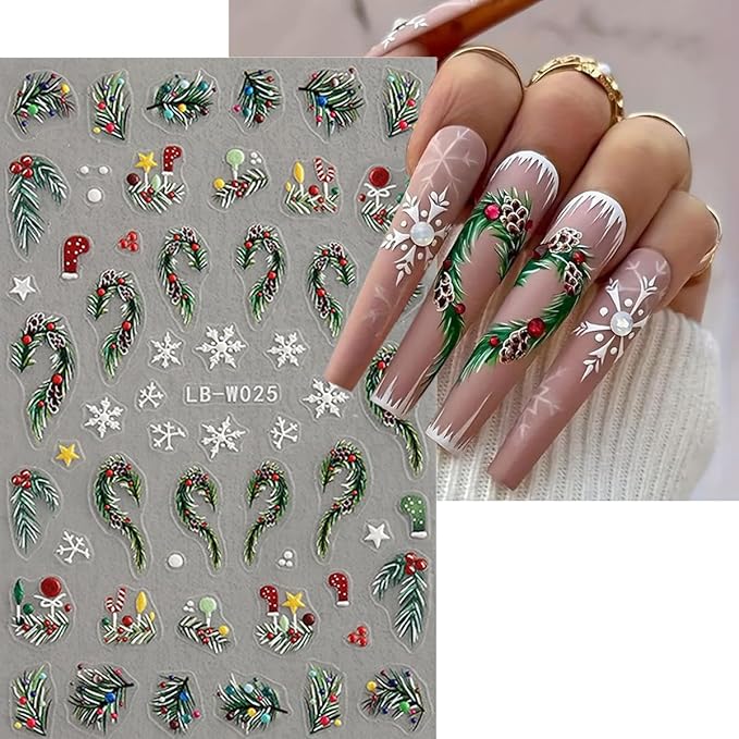 4 Sheets Christmas Nail Art Stickers 5D Embossed Holly Leaf Nail Decals Winter Christmas Tree Elk Snowflake Design Self Adhesive Nail Art Supplies for Women Acrylic DIY Holiday Manicure Decoration
