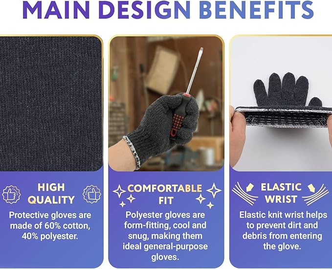Gray Work Cotton Gloves for Men and Women, 9 Inches. Pack of 24 (12 Pairs) String Knit Work Gloves with Elastic Knit Wrist. Machine Washable Cotton Polyester Gardening Gifts