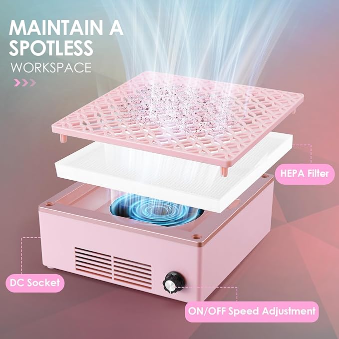 Nail Dust Collector Dust Collector Machine Reusable Filter & Powerful 120W (Pink, Adjustable Speed Version)