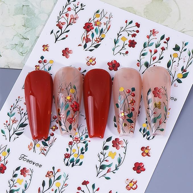 Flower Nail Stickers for Nail Art 3D Self-Adhesive Lily Hibiscus Tulip Flowers Nail Stickers Fall Floral Nail Decals Supplies for Women DIY Manicure Supplies Accessories 4 Sheets