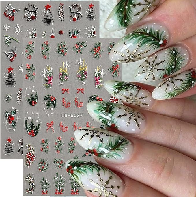 4 Sheets Christmas Nail Stickers 5D Embossed Holly Leaf Nail Decals Christmas Tree Pine Leaves Snowflake Design Self Adhesive Nail Supplies Winter Xmas Nail Art Stickers for Women DIY Nail Decoration