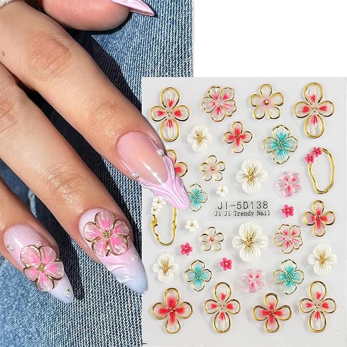 Flower Nail Stickers 5D Embossed Lily Flower Stickers for Nails Hibiscus Self Adhesive Floral Nail Decals Gold Flower Nail Charms Vacation Design Pegatinas para Uñas 4 Sheet