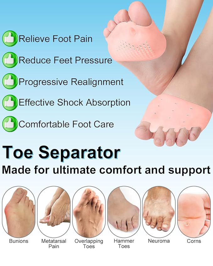 2 Pairs Silicone Toe Separators for Women and Men, Metatarsal Bunion Corrector Cushion, Soft And Breathable Toes Spacers for Foot Pain Relief (2*Skin)