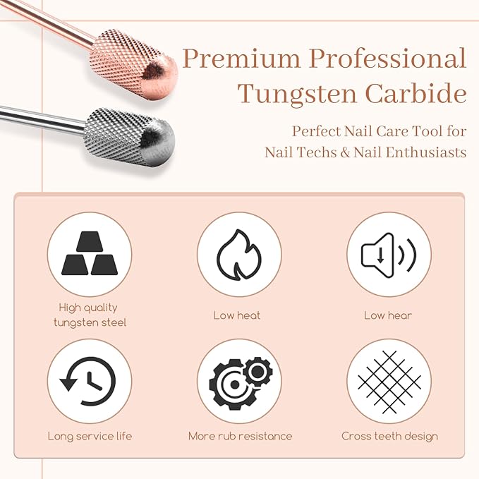 Nail Drill Bits, 2PCS Safety Bits for Nail Drill, Tungsten Carbide Bits, 3/32" Electric Drill Bits Set for Acrylic, Gel Nails, Large Barrel Fine Nail Bits for Salon Experienced