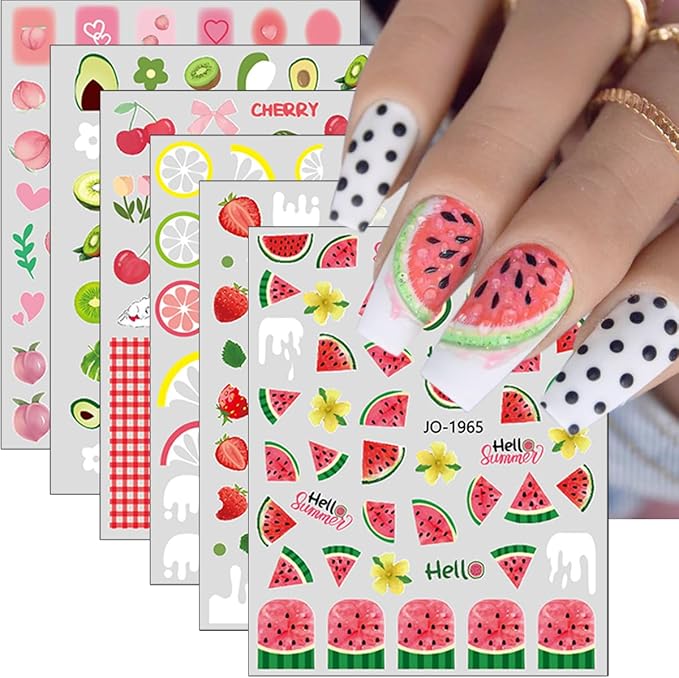 Fruit Nail Stickers 6Sheets Summer Nails Art Stickers 3D Mixed Cherry Watermelon Strawberry Lemon Flower Nail Design Nail Decals Colorful Fruit Nail Art Supplies for Women Manicure Decoration