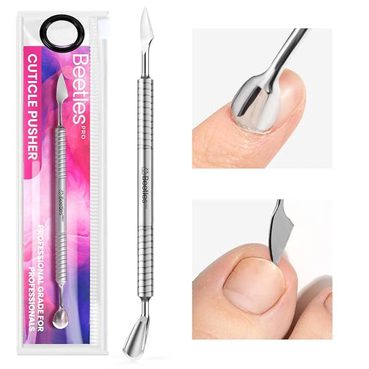 Beetles Pro 1-Pcs Dual-Ended Cuticle Pusher, Professional Horseshoe 11mm and Angled Blade 13mm Precise Cuticle Care, Stainless Steel Handle Nail Tools for Nail Art Prep – Salon Quality Manicure Tool