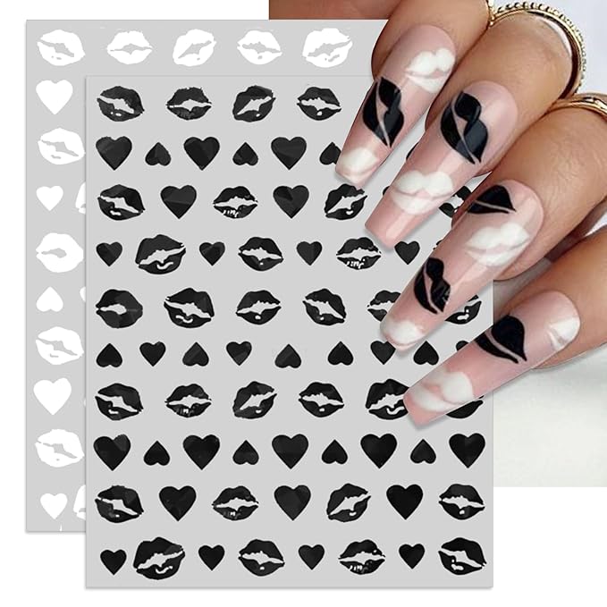 Valentine's Day Nail Art Stickers - Sexy Lip Nail Decals, Self-Adhesive 6 Color Black White Red Pink Kiss Heart for DIY 3D Nail Supplies Decoration (6 Sheets)