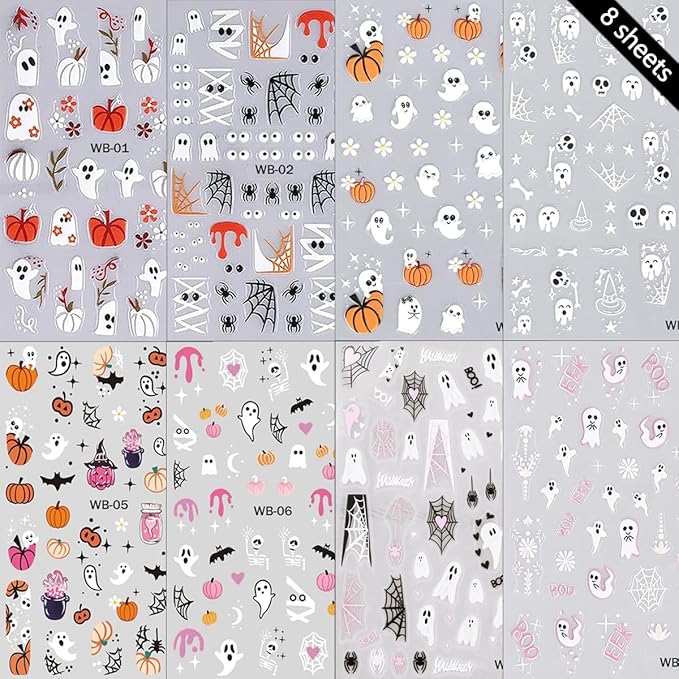 8 Sheets Nail Cute Ghost Nail Stickers for Nail Art 3D Self-Adhesive Pink Spider Web Pumpkin French Nail Art Decals Halloween Nail Art Supplies Goth Eye Starlight Nail Decals for Women DIY Manicure